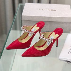 Jimmy Choo Bing Mules Women Suede With Crystal And Pearl Strap Red
