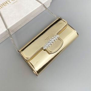 Jimmy Choo Bing Wallet with Chain in Mirror Leather with Crystal Piece Gold