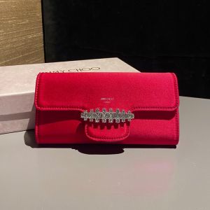 Jimmy Choo Bing Wallet with Chain in Satin with Crystal Piece Red