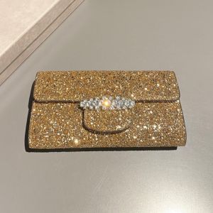 Jimmy Choo Bing Wallet with Chain in Sequins Leather with Crystal Piece Gold