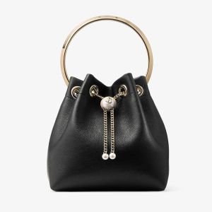 Jimmy Choo Bon Bon Bucket Bag in Biker Leather with Pearl Closure Black