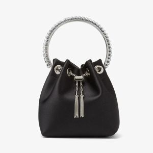 Jimmy Choo Bon Bon Bucket Bag in Satin with Crystal Handle Black