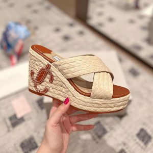 Jimmy Choo Dovina 95 Wedge Slides Women Natural Raffia With JC Monogram Beige