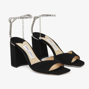 Jimmy Choo Saeda 85 Block Heel Sandals Women Suede with Crystal Chain Black