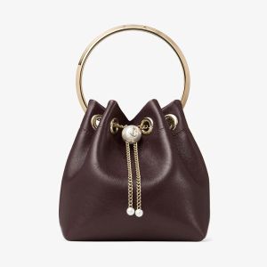 Jimmy Choo Bon Bon Bucket Bag in Biker Leather with Pearl Closure Coffee