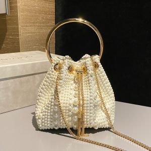 Jimmy Choo Bon Bon Bucket Bag in Satin with All-Over Pearls White