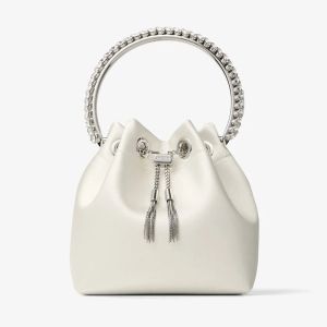 Jimmy Choo Bon Bon Bucket Bag in Satin with Crystal Handle White