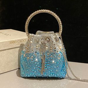 Jimmy Choo Bon Bon Bucket Bag in Satin with Hotfix Crystal White/Blue