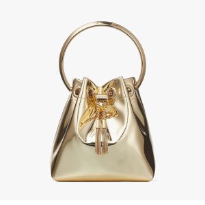 Jimmy Choo Bon Bon Mini Bucket Bag in Mirror Fabric with Metal Handle Gold