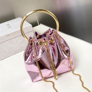Jimmy Choo Bon Bon Mini Bucket Bag in Mirror Fabric with Metal Handle Pink