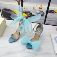 Jimmy Choo Aveline 100 Sandals Women Suede With Oversized Mesh Bows Sky Blue