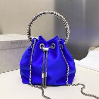 Jimmy Choo Bon Bon Bucket Bag in Satin with Crystal Handle Blue