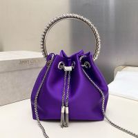 Jimmy Choo Bon Bon Bucket Bag in Satin with Crystal Handle Purple