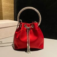 Jimmy Choo Bon Bon Bucket Bag in Satin with Crystal Handle Red