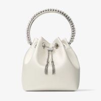 Jimmy Choo Bon Bon Bucket Bag in Satin with Crystal Handle White