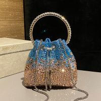 Jimmy Choo Bon Bon Bucket Bag in Satin with Hotfix Crystal Blue/Gold