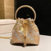 Jimmy Choo Bon Bon Bucket Bag in Satin with Hotfix Crystal Gold