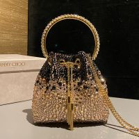 Jimmy Choo Bon Bon Bucket Bag in Satin with Hotfix Crystal Gold/Black