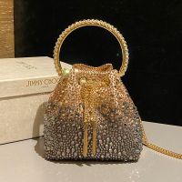 Jimmy Choo Bon Bon Bucket Bag in Satin with Hotfix Crystal Gold/Grey