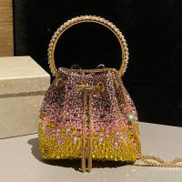 Jimmy Choo Bon Bon Bucket Bag in Satin with Hotfix Crystal Gold/Pink