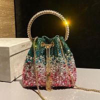 Jimmy Choo Bon Bon Bucket Bag in Satin with Hotfix Crystal Green/Red