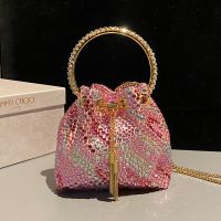 Jimmy Choo Bon Bon Bucket Bag in Satin with Hotfix Crystal Pink
