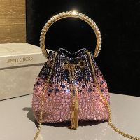 Jimmy Choo Bon Bon Bucket Bag in Satin with Hotfix Crystal Pink/Black