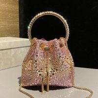 Jimmy Choo Bon Bon Bucket Bag in Satin with Hotfix Crystal Pink/Gold