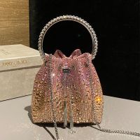 Jimmy Choo Bon Bon Bucket Bag in Satin with Hotfix Crystal Pink/Silver