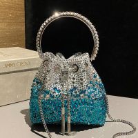 Jimmy Choo Bon Bon Bucket Bag in Satin with Hotfix Crystal Silver/Teal