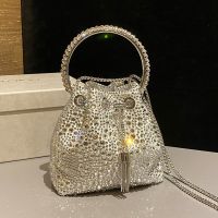 Jimmy Choo Bon Bon Bucket Bag in Satin with Hotfix Crystal White