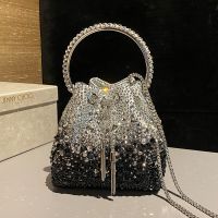 Jimmy Choo Bon Bon Bucket Bag in Satin with Hotfix Crystal White/Black