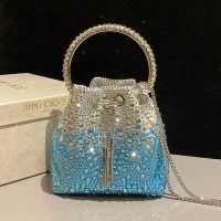 Jimmy Choo Bon Bon Bucket Bag in Satin with Hotfix Crystal White/Blue