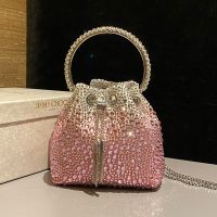 Jimmy Choo Bon Bon Bucket Bag in Satin with Hotfix Crystal White/Pink