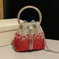Jimmy Choo Bon Bon Bucket Bag in Satin with Hotfix Crystal White/Red