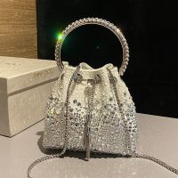 Jimmy Choo Bon Bon Bucket Bag in Satin with Hotfix Crystal White/Silver