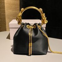 Jimmy Choo Bon Bon Bucket Bag in Satin with Metal Flower Handle Black