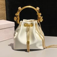 Jimmy Choo Bon Bon Bucket Bag in Satin with Metal Flower Handle White