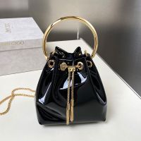 Jimmy Choo Bon Bon Mini Bucket Bag in Mirror Fabric with Metal Handle Black