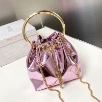 Jimmy Choo Bon Bon Mini Bucket Bag in Mirror Fabric with Metal Handle Pink