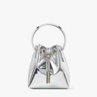 Jimmy Choo Bon Bon Mini Bucket Bag in Mirror Fabric with Metal Handle Silver