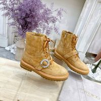 Jimmy Choo Cora Flat Combat Boots Women Suede With Crystal Buckle Camel