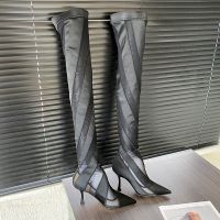 Jimmy Choo x Mugler Over The Knee 105 Sock Booties Women Striped Mesh Black