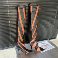 Jimmy Choo x Mugler Over The Knee 105 Sock Booties Women Striped Mesh Black/Orange
