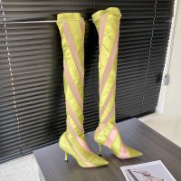 Jimmy Choo x Mugler Over The Knee 105 Sock Booties Women Striped Mesh Yellow