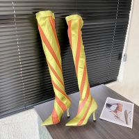 Jimmy Choo x Mugler Over The Knee 105 Sock Booties Women Striped Mesh Yellow/Orange