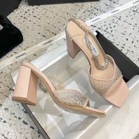 Jimmy Choo Saeda 85 Block Heel Sandals Women Crystal-embellished Mesh with Crystal Chain Pink