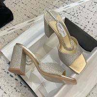 Jimmy Choo Saeda 85 Block Heel Sandals Women Glitter Fabric with Crystal Chain Gold
