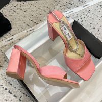Jimmy Choo Saeda 85 Block Heel Sandals Women Suede with Crystal Chain Pink